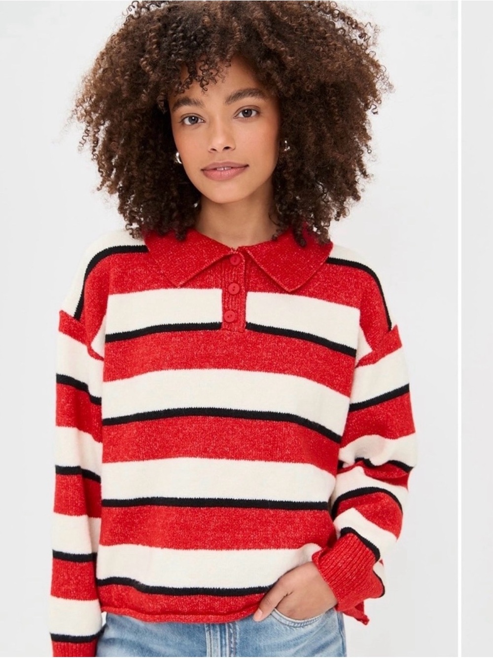 NWT Little Lies Striped Red and Cream Polo-Style Crew Sweater M/L